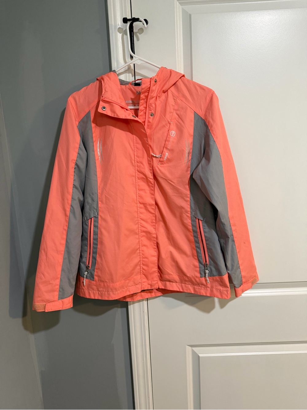 Free Country Coral and Gray Hooded Kids Rain Jacket